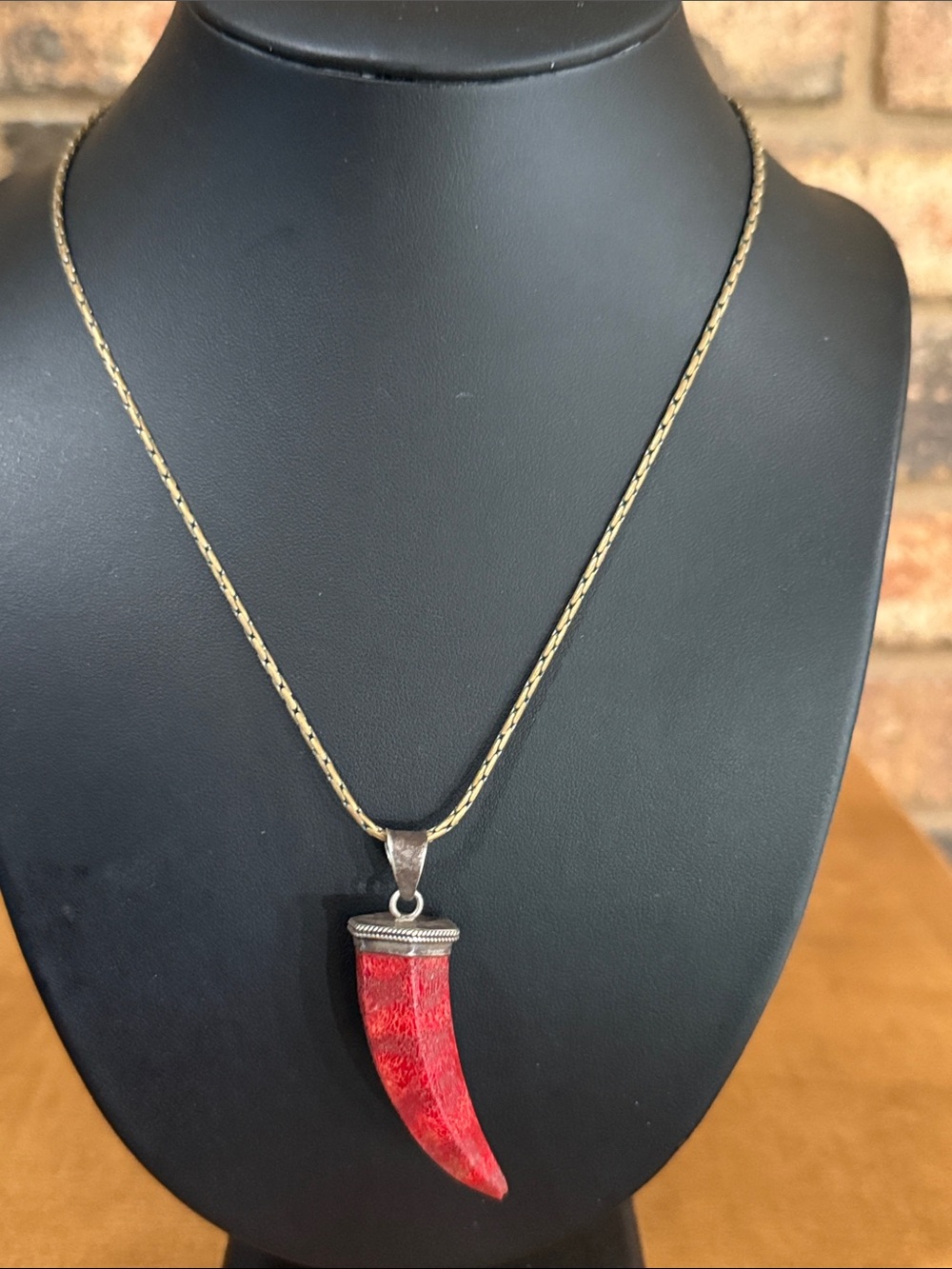Estate Red Coral Tusk Horn 925 Sterling mounted pendant on vintage bronze chain